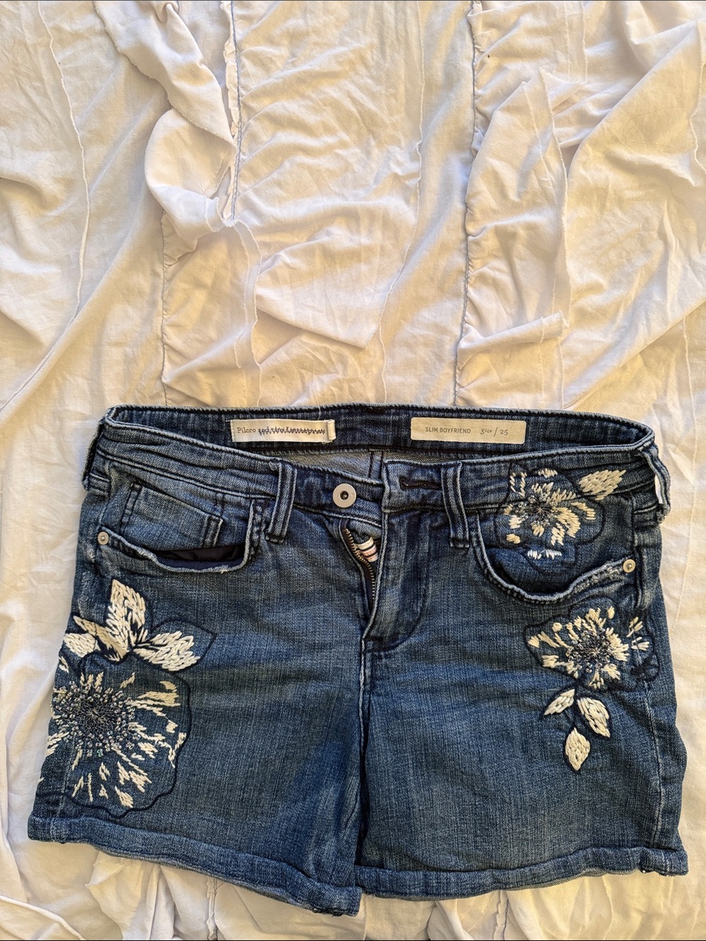 Pilcro Dark Blue Embroidered Boyfriend Denim Shorts